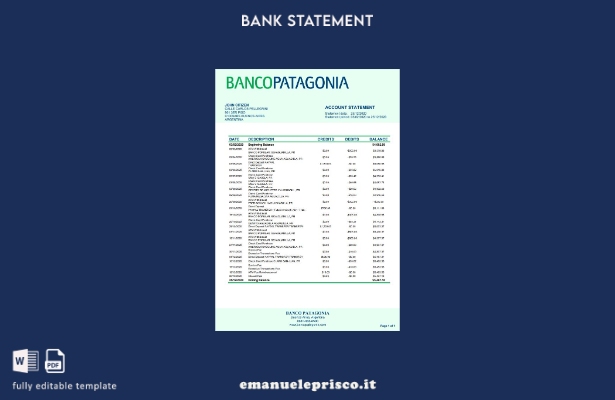 modello di estratto conto bancario Argentina Banco Patagonia in stile verificato